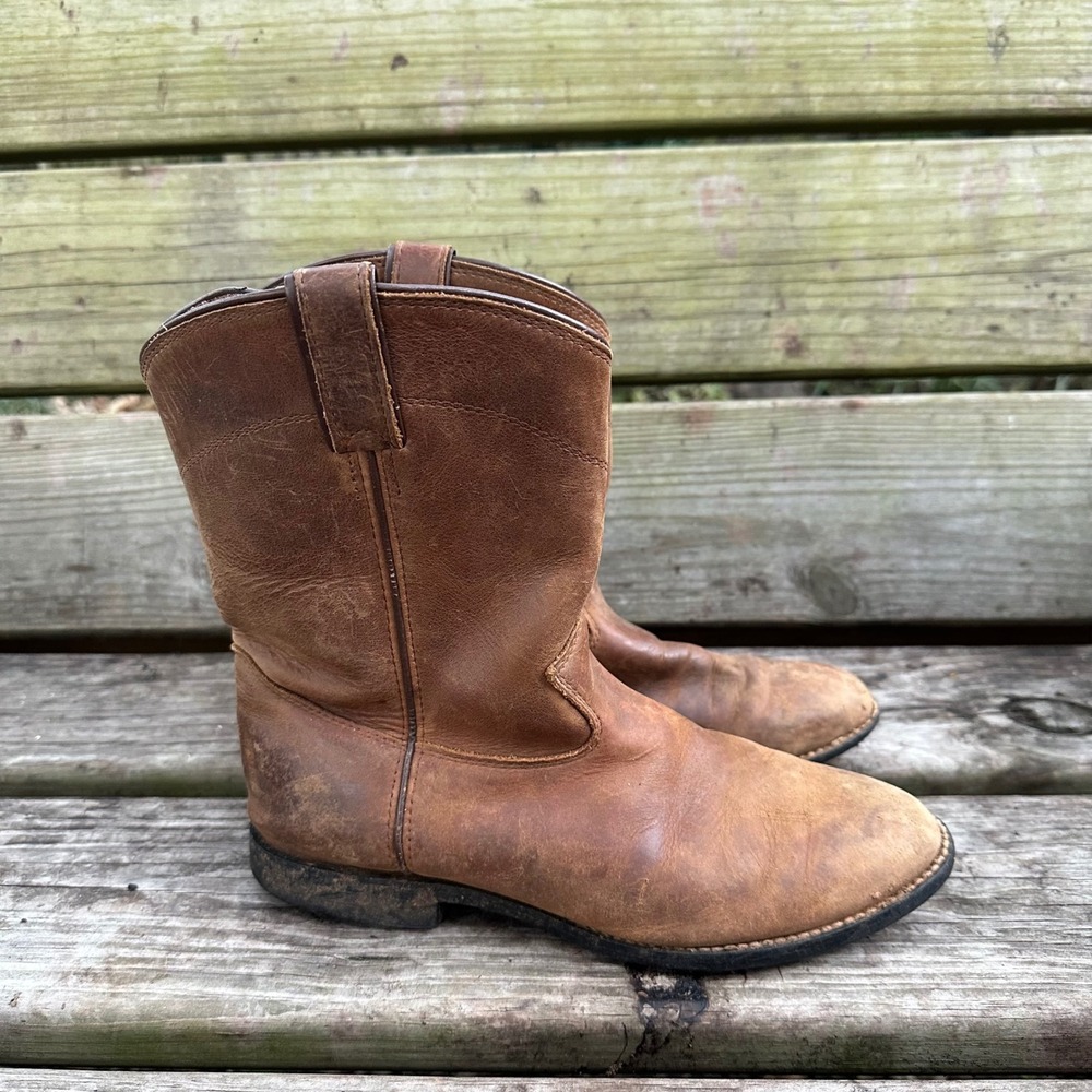 Justin Boots Western Junior Roper 3410Y Cowboy Boots‎ Pull On Brown Leather 5.5D